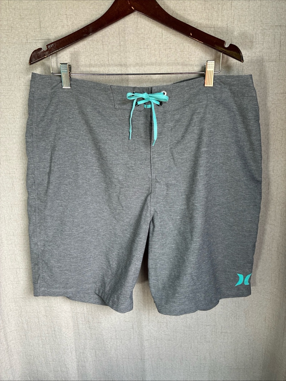 Hurley Mens Board Shorts 36 Gray Teal Swim Surf Shorts Drawstring Performance